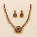 Maanikya gold-tone ruby red and emerald green necklace set with pearl drops and matching earrings