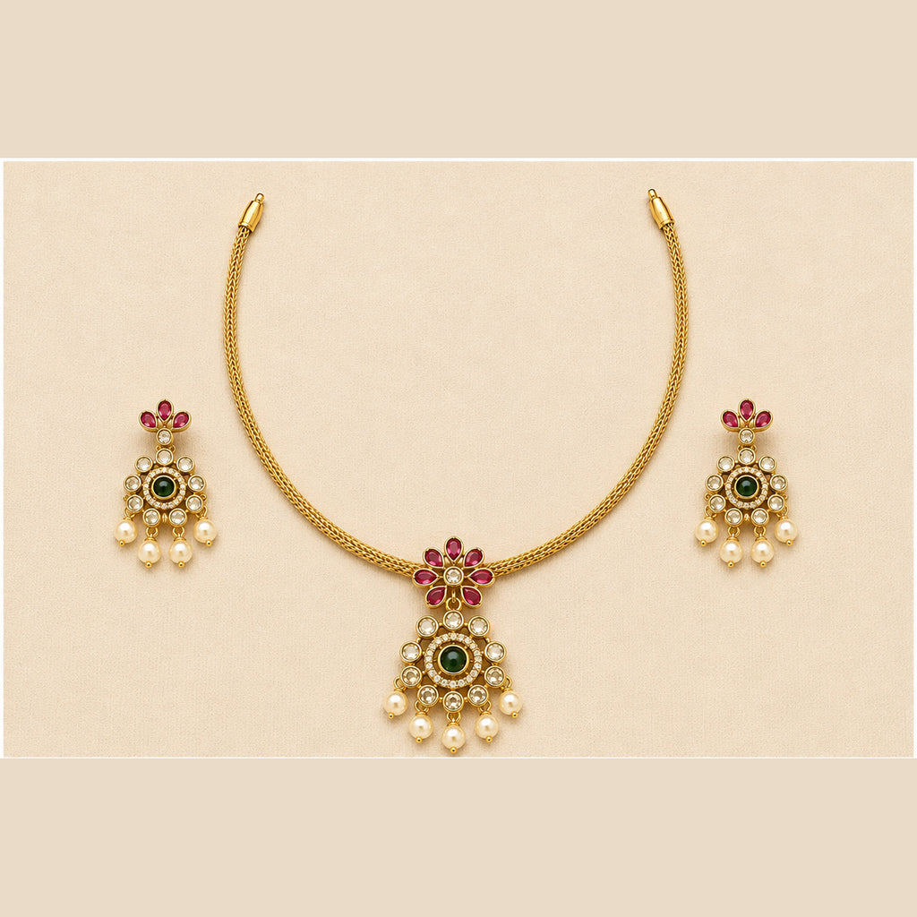 Malarika gold-tone necklace set with ruby pink floral design green centre stone and pearl drops