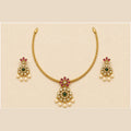Malarika gold-tone necklace set with ruby pink floral design green centre stone and pearl drops