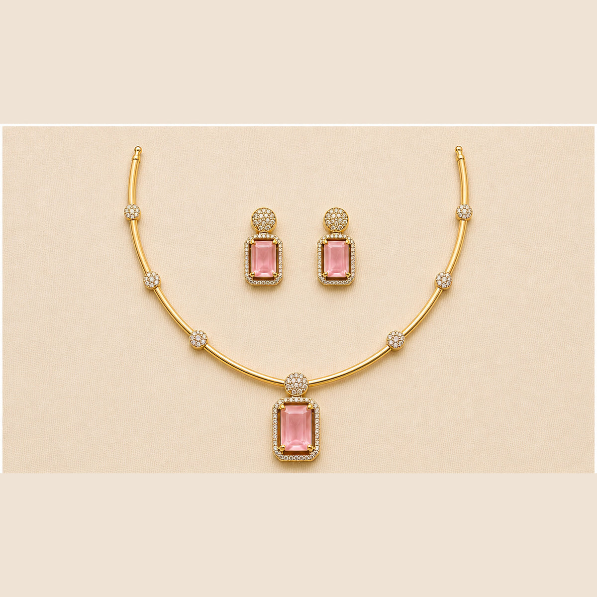 Pankhuri Gold-Tone Pink Stone Hasli Necklace Set