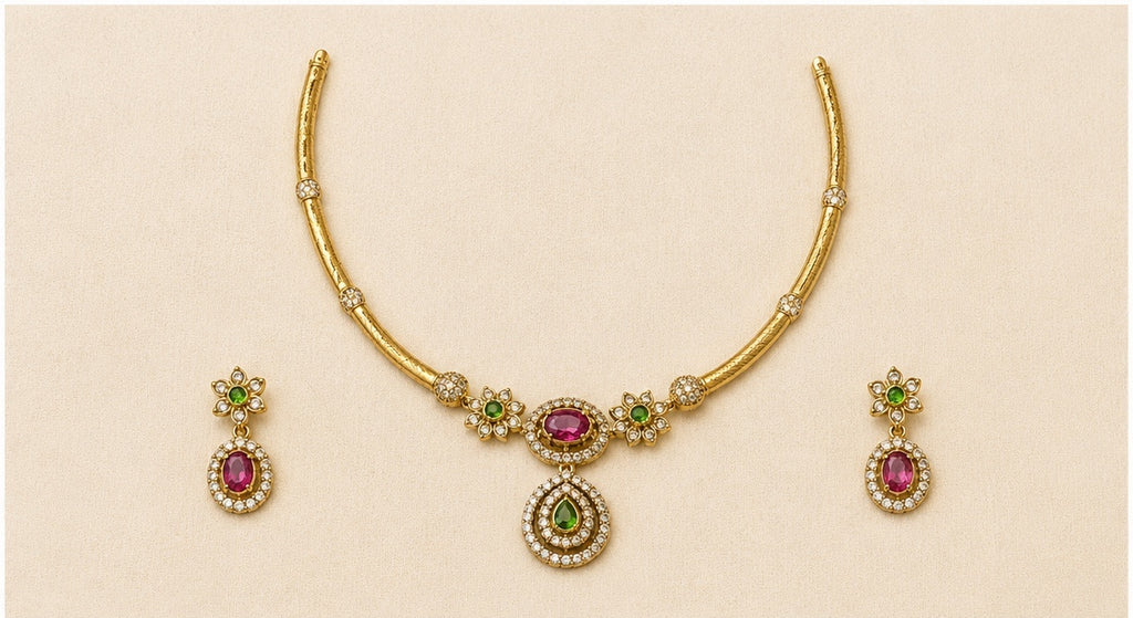 Ruby Hasli Gold-Tone Pink & Green Stone Necklace Set
