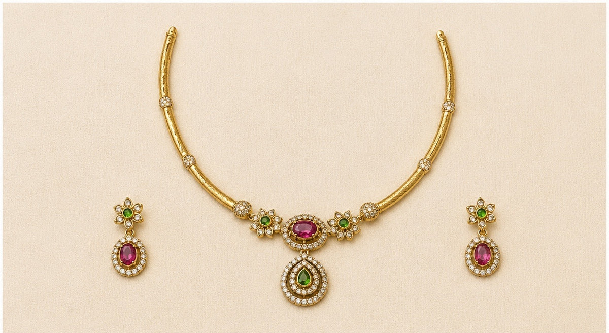 Ruby Hasli Gold-Tone Pink & Green Stone Necklace Set