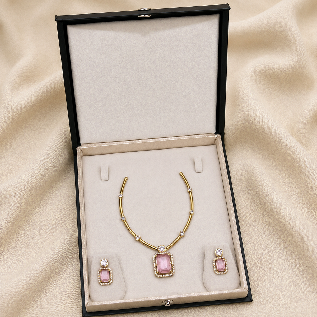 Pankhuri Gold-Tone Pink Stone Hasli Necklace Set