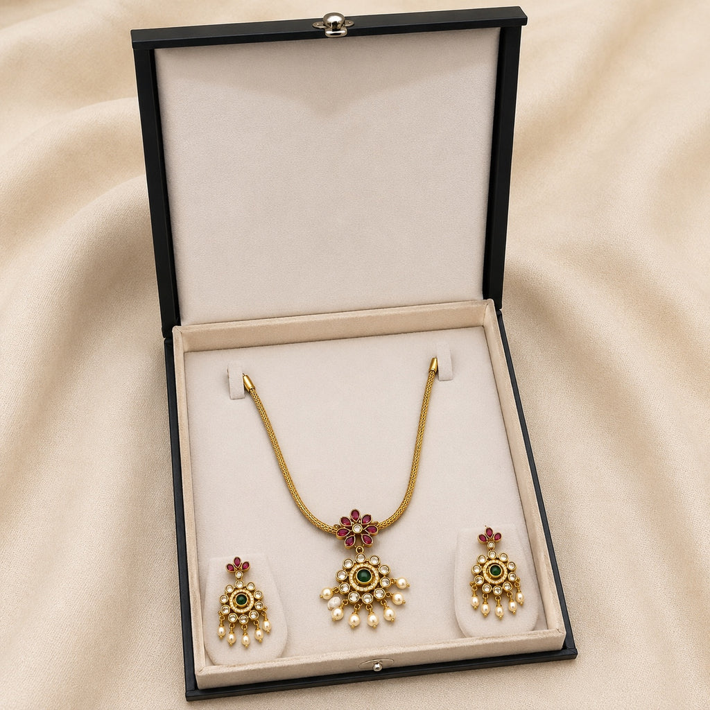 Malarika Gold-Tone Ruby Pink & Green Stone Necklace Set