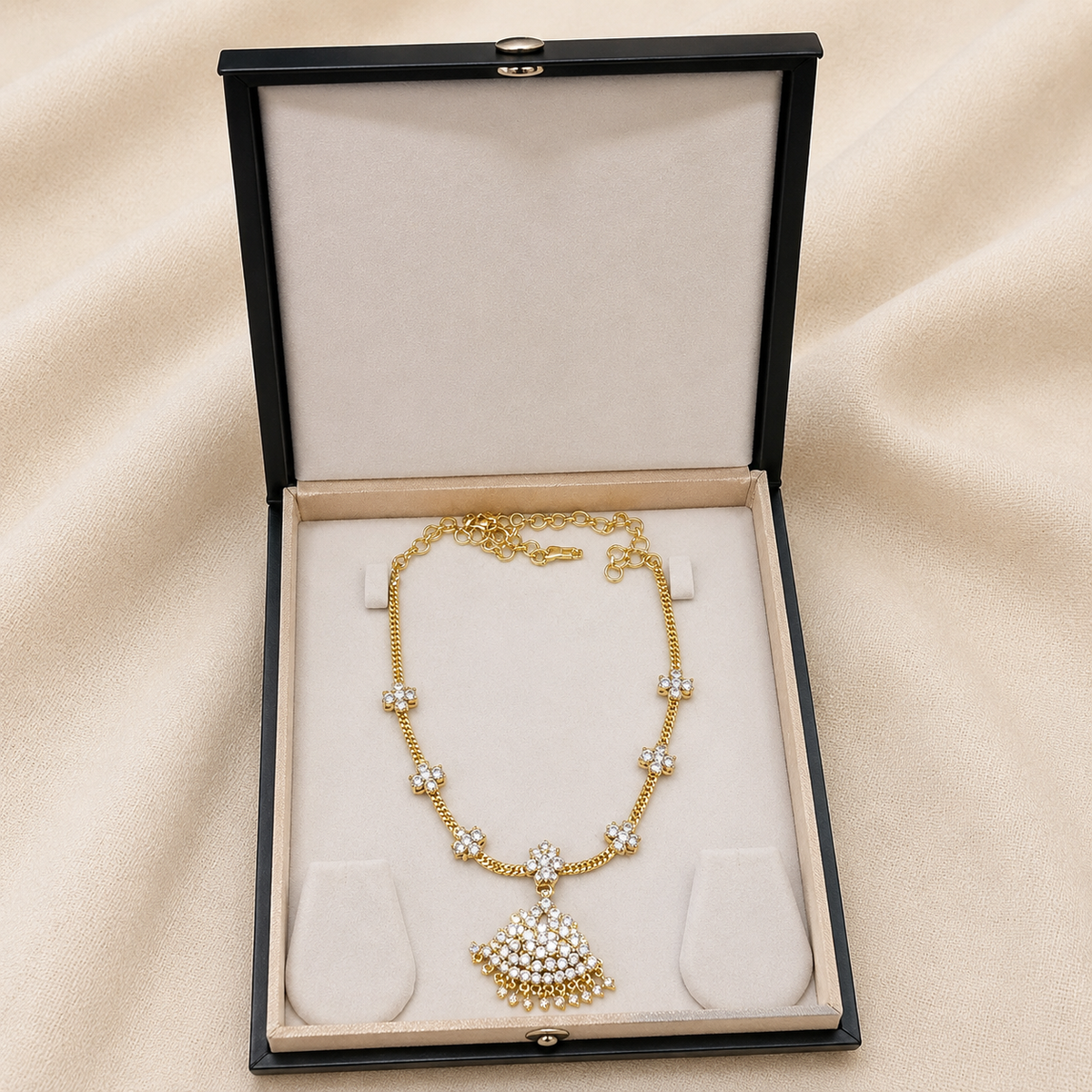 Venilla Traditional Gold-Tone Crystal Attigai Necklace