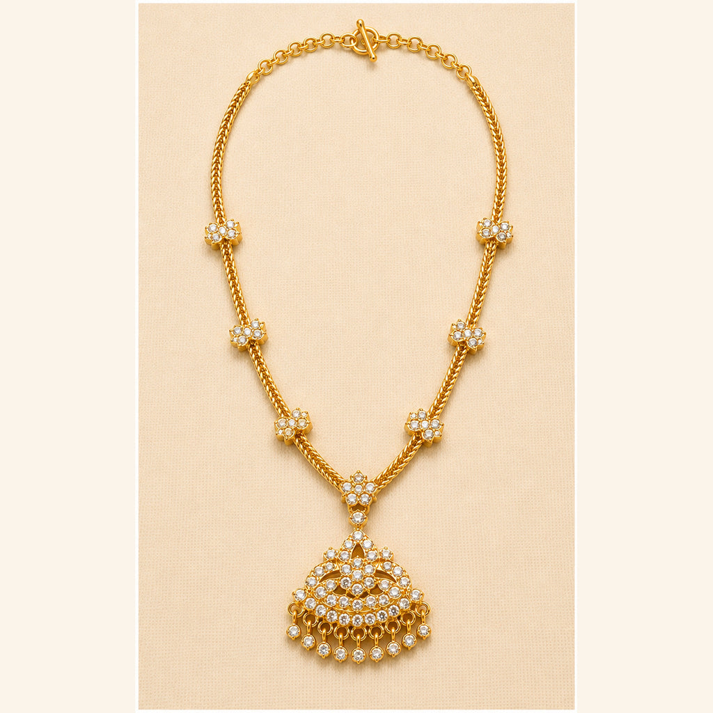 Venilla traditional gold-tone Attigai necklace with floral crystal accents and fan-shaped pendant