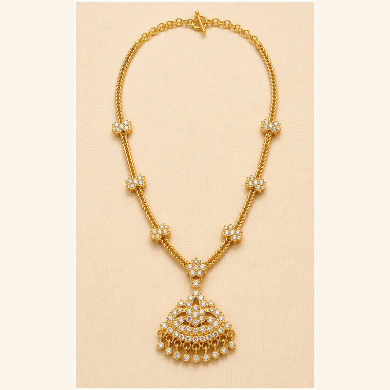 Venilla traditional gold-tone Attigai necklace with floral crystal accents and fan-shaped pendant